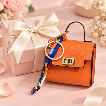 Mini Square Leather Bag Charm with Silk Scarf Strap