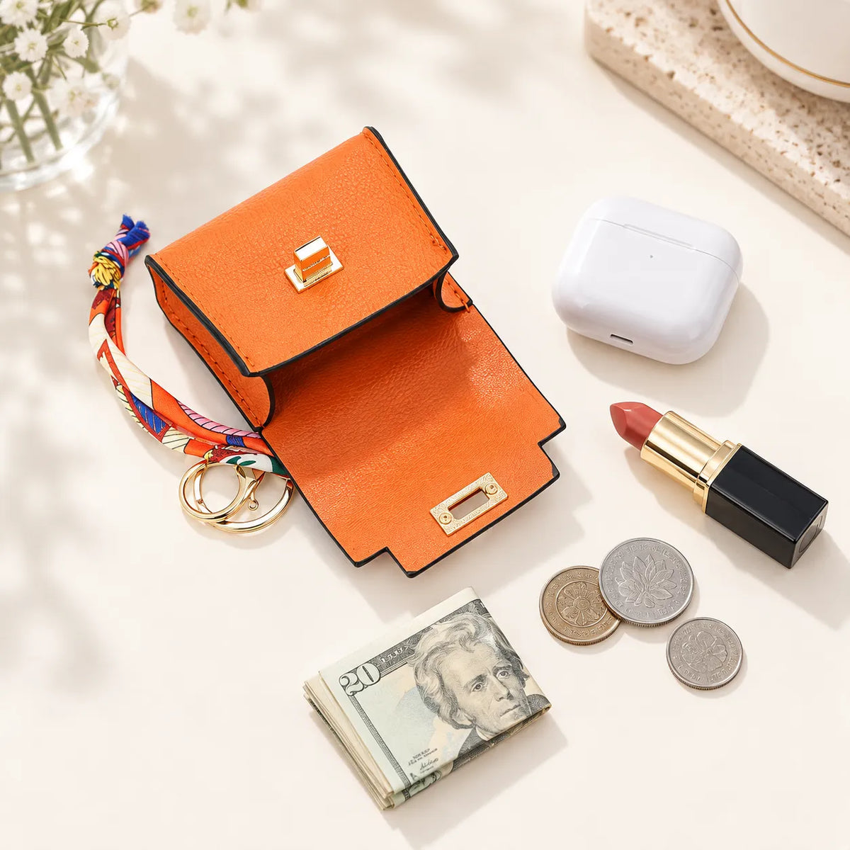 Mini Square Leather Bag Charm with Silk Scarf Strap