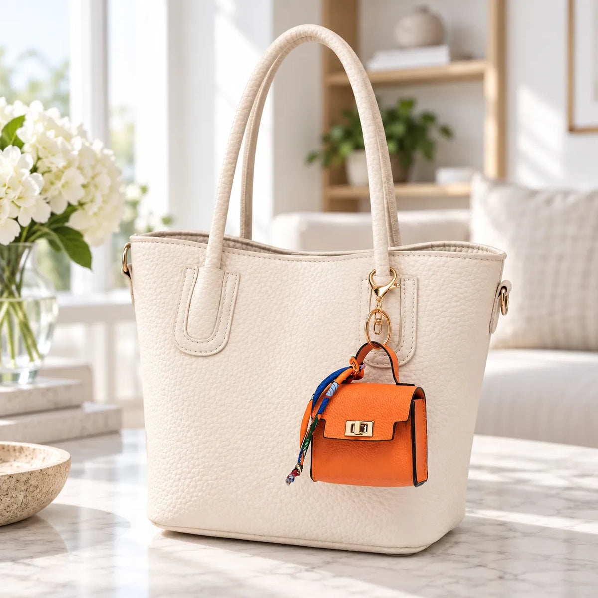 Mini Square Leather Bag Charm with Silk Scarf Strap