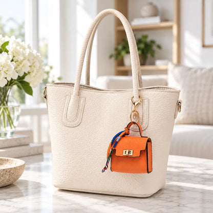 Mini Square Leather Bag Charm with Silk Scarf Strap