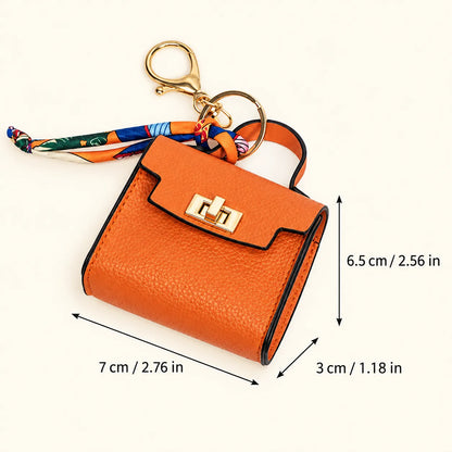 Mini Square Leather Bag Charm with Silk Scarf Strap
