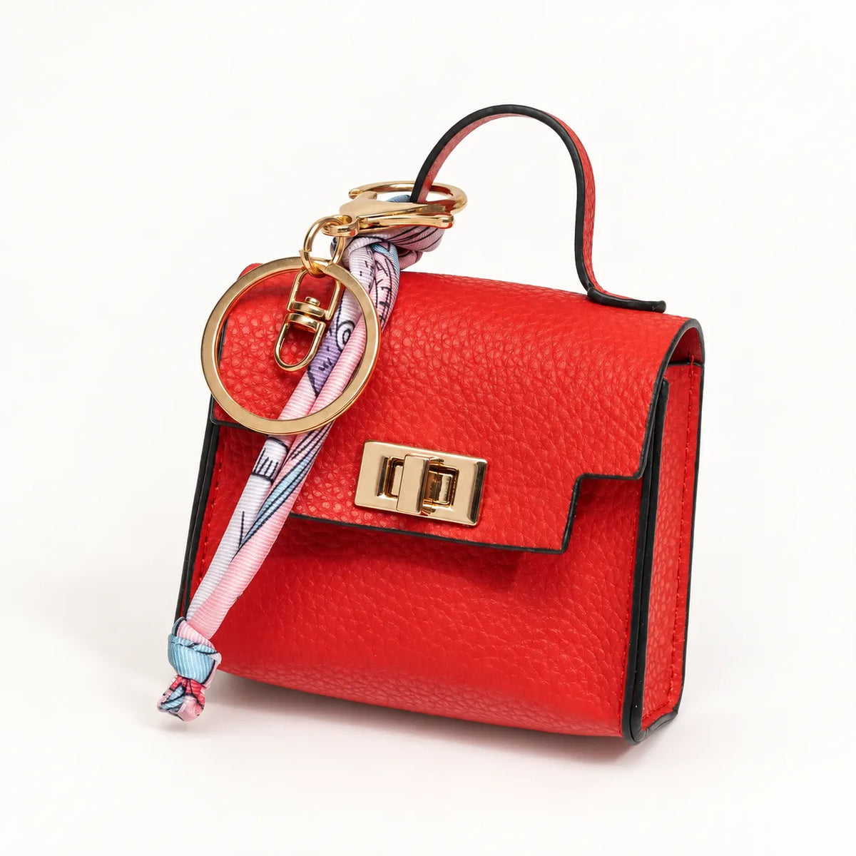 Mini Square Leather Bag Charm with Silk Scarf Strap