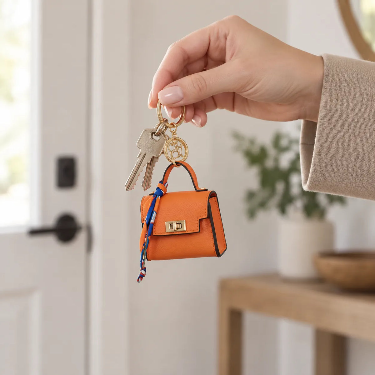 Mini Square Leather Bag Charm with Silk Scarf Strap