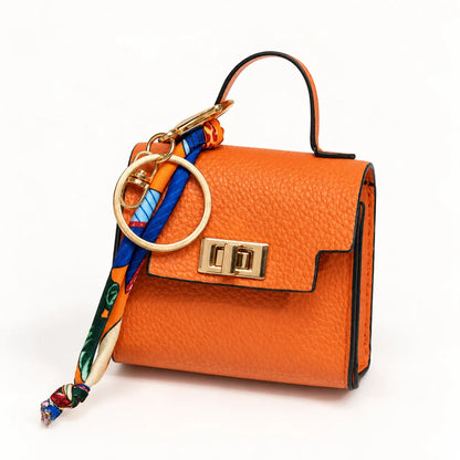 Mini Square Leather Bag Charm with Silk Scarf Strap