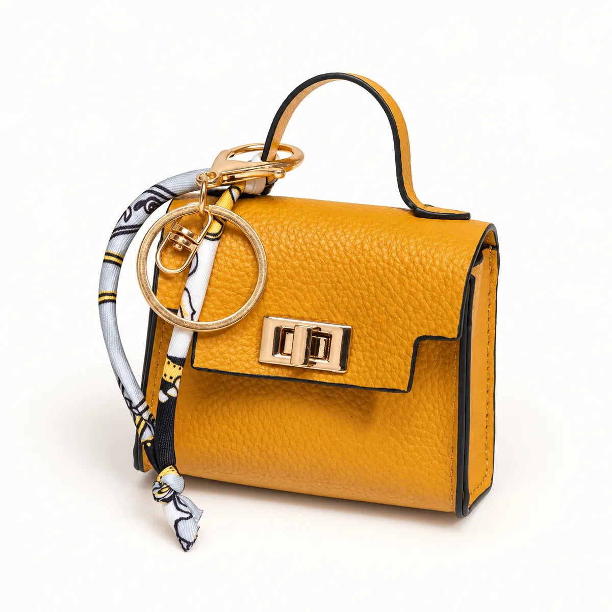 Mini Square Leather Bag Charm with Silk Scarf Strap