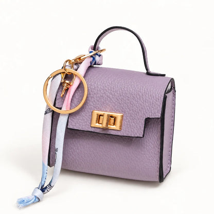 Mini Square Leather Bag Charm with Silk Scarf Strap