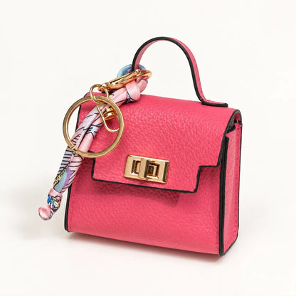 Mini Square Leather Bag Charm with Silk Scarf Strap