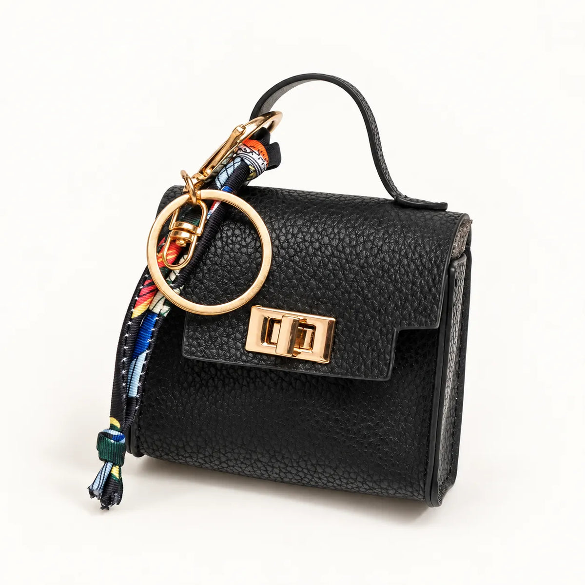 Mini Square Leather Bag Charm with Silk Scarf Strap
