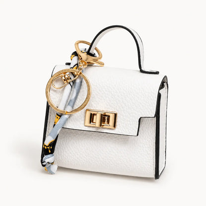 Mini Square Leather Bag Charm with Silk Scarf Strap