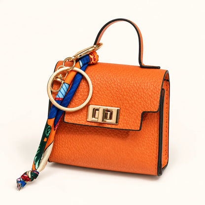 Mini Square Leather Bag Charm with Silk Scarf Strap