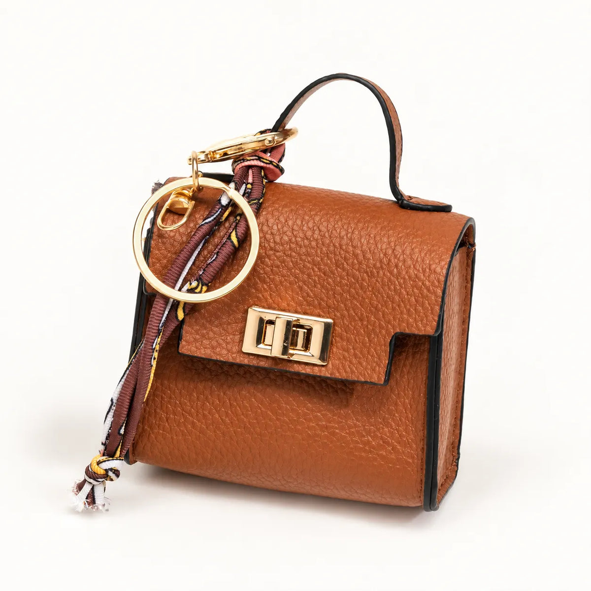 Mini Square Leather Bag Charm with Silk Scarf Strap