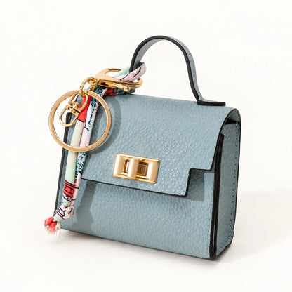 Mini Square Leather Bag Charm with Silk Scarf Strap