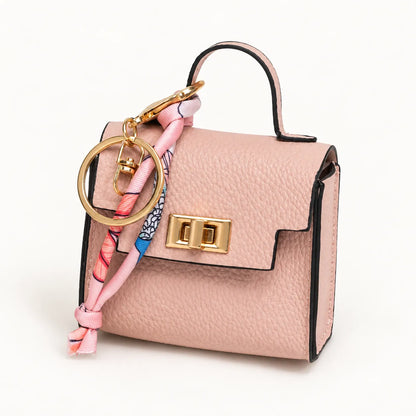 Mini Square Leather Bag Charm with Silk Scarf Strap