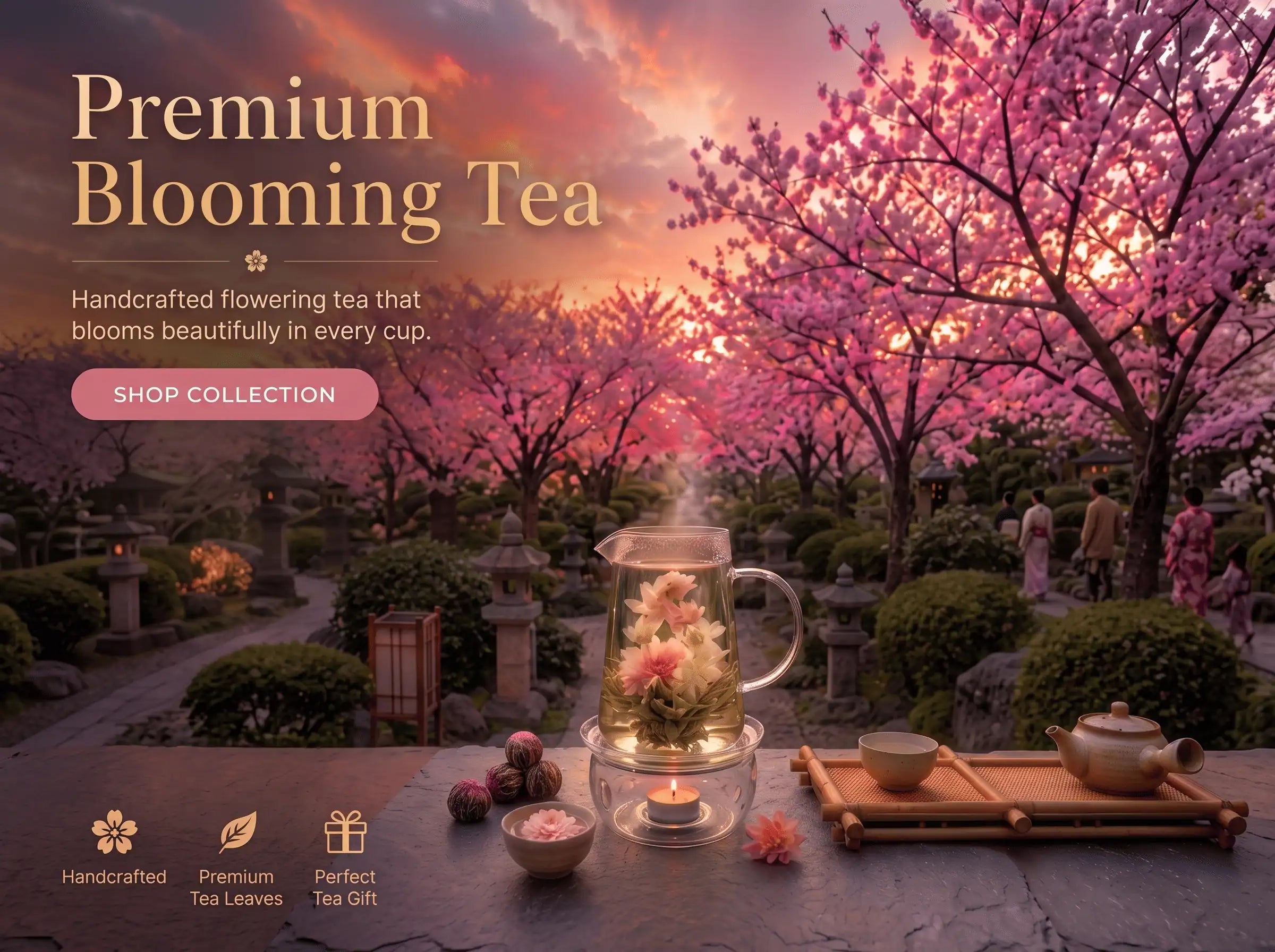 Artisanal flowering tea collection with crystal glass teapot, aesthetic morning wellness lifestyle and stress relief ritual