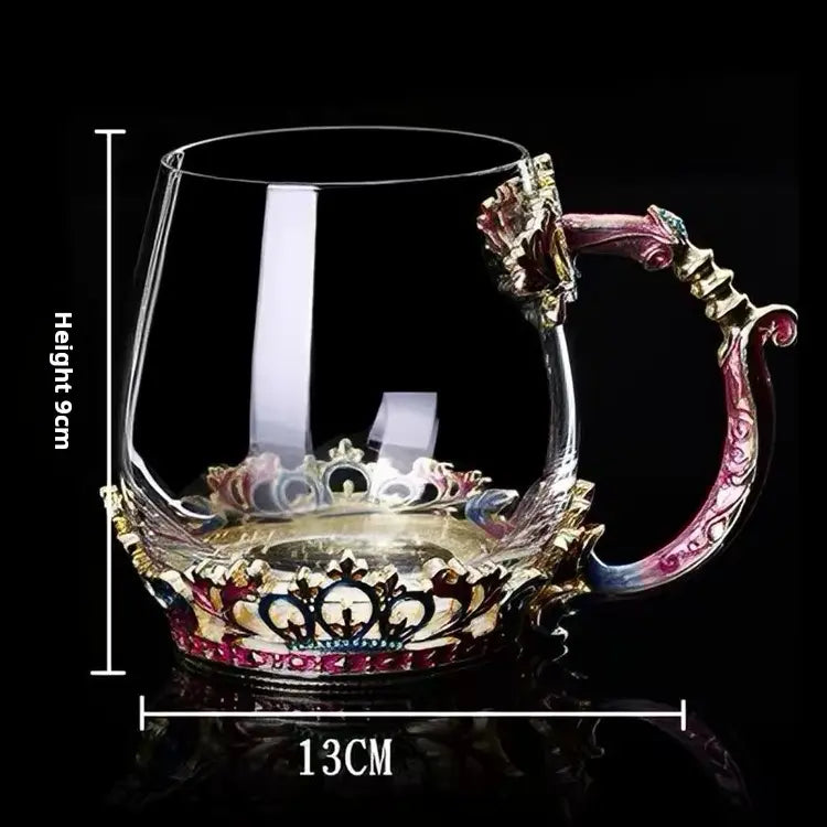 Aesthetic rose enamel crystal glass tea cup with intricate metalwork, premium decorative office desk accessories