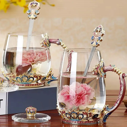 Artisanal enamel glass tea sets with vintage stirring spoon, unique anniversary wedding housewarming gift ideas