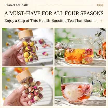 Collage of images showing flower tea balls in a jar, being added to a teacup, and brewed in a glass teapot.