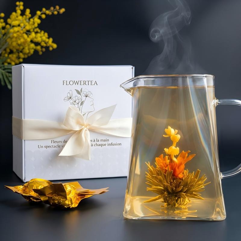 Clear glass teapot with candle warmer brewing blooming flower tea, unique birthday gifts for her