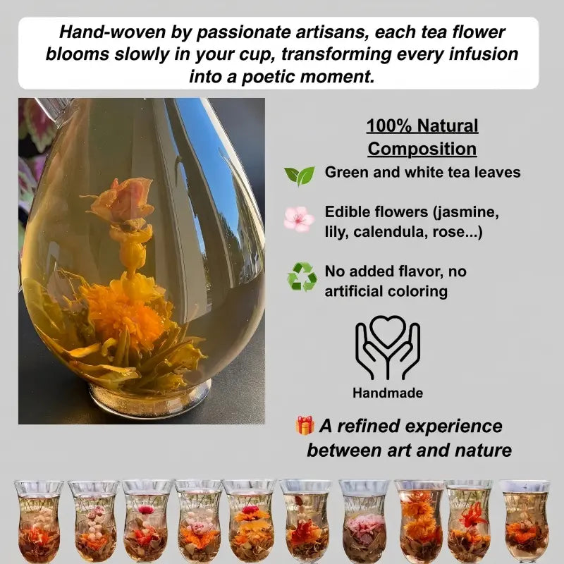 Premium blooming tea bulbs steeping in a transparent pot, perfect luxury gifts for women