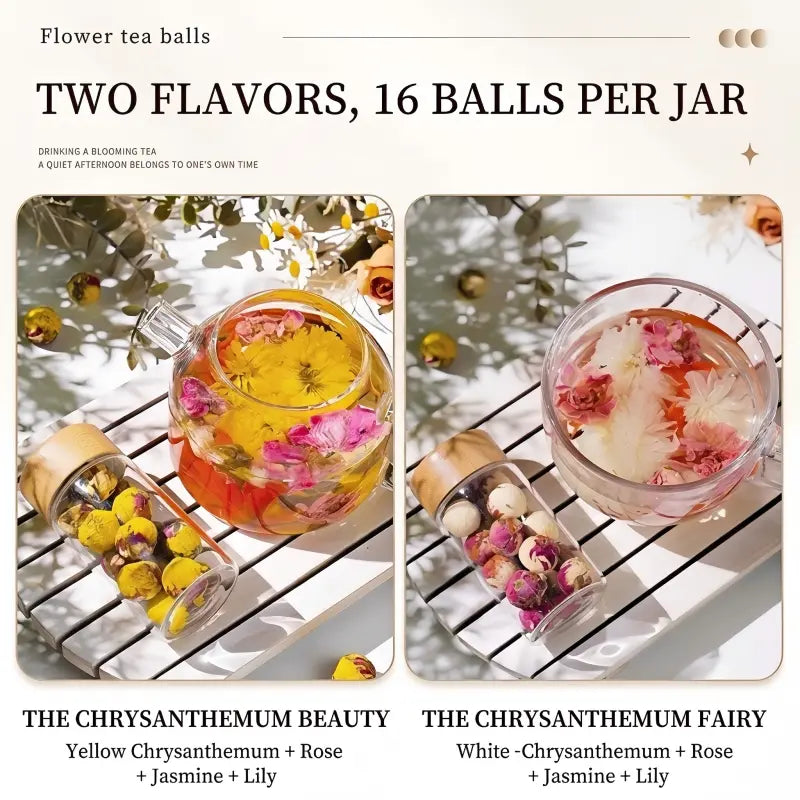 Two jars of flower tea balls with text describing flavors and contents.