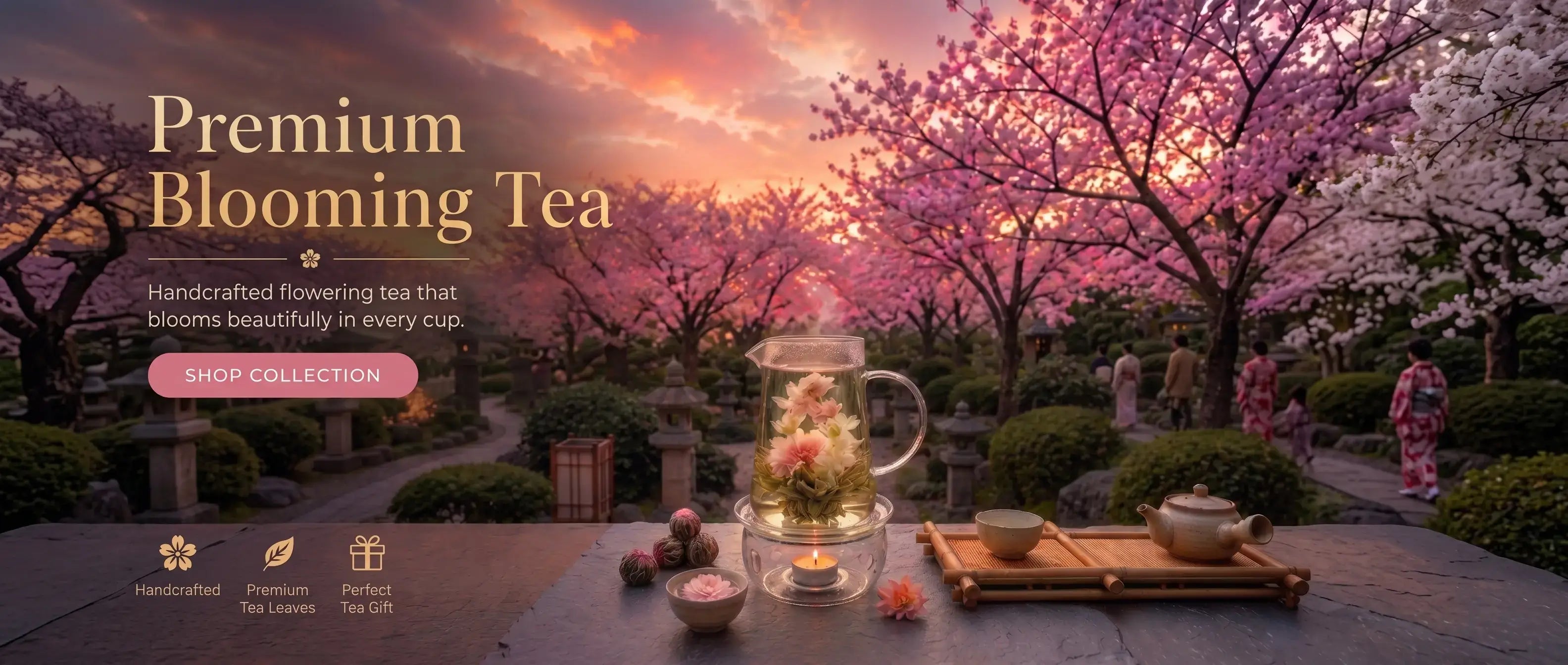 Premium handcrafted blooming tea balls brewing beautifully in clear glass teapot, unique luxury birthday gifts for her