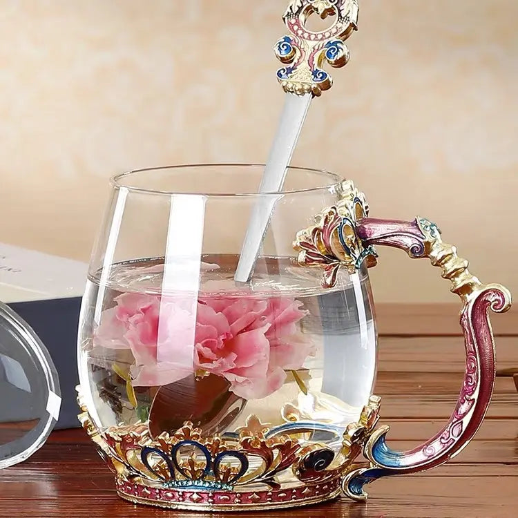 Transparent crystal flower tea mug with blooming tea bulbs, perfect companion for magical wellness tea ritual